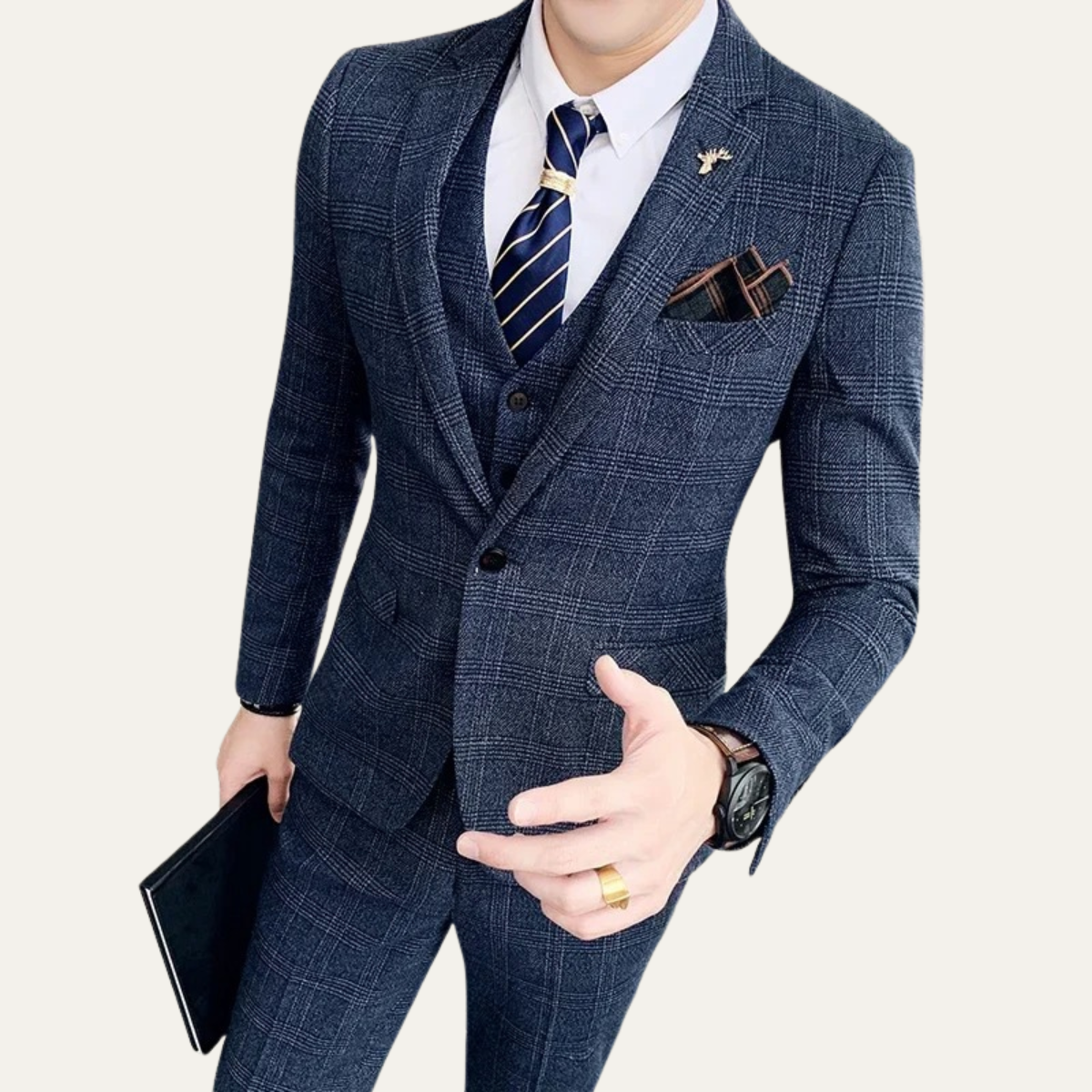 The Vigevano Men’s Plaid 3 Piece Suit – Blazer Vest and Pants Formal Set