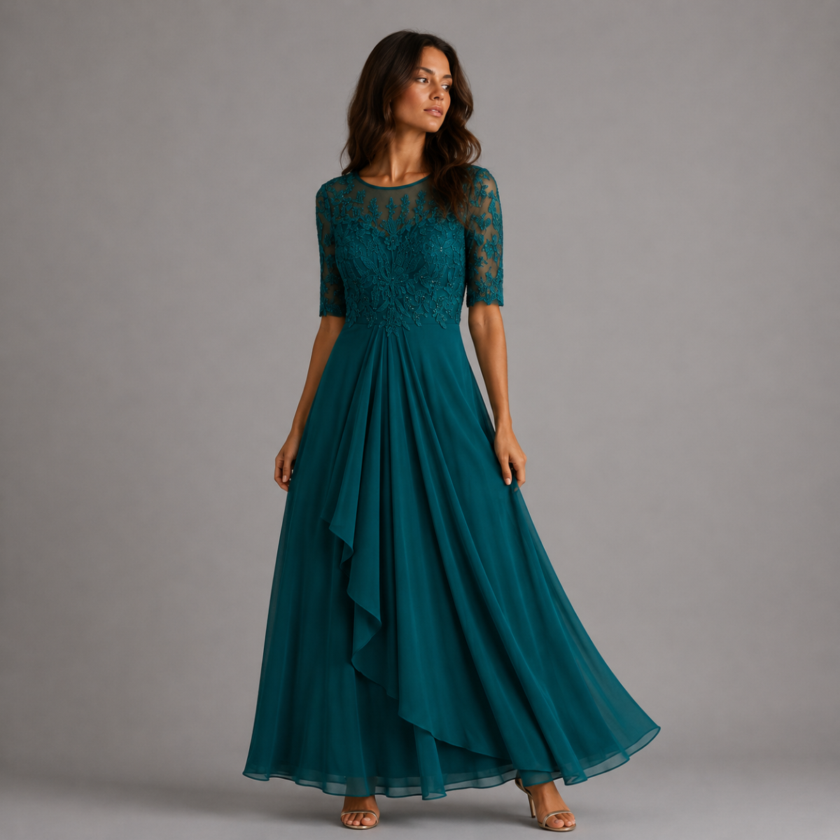 Midi Lace Dress with Sheer Elbow Sleeves