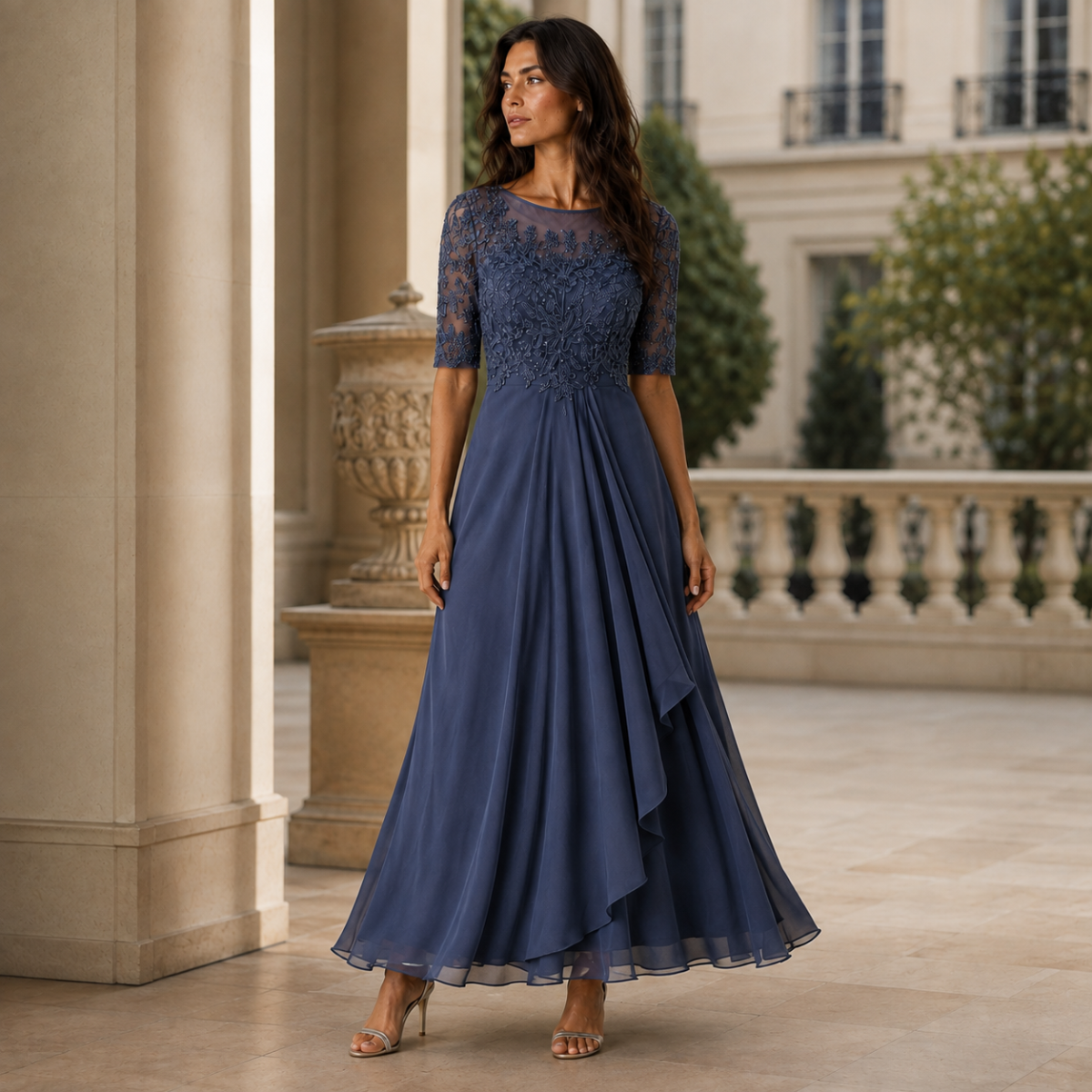 Midi Lace Dress with Sheer Elbow Sleeves