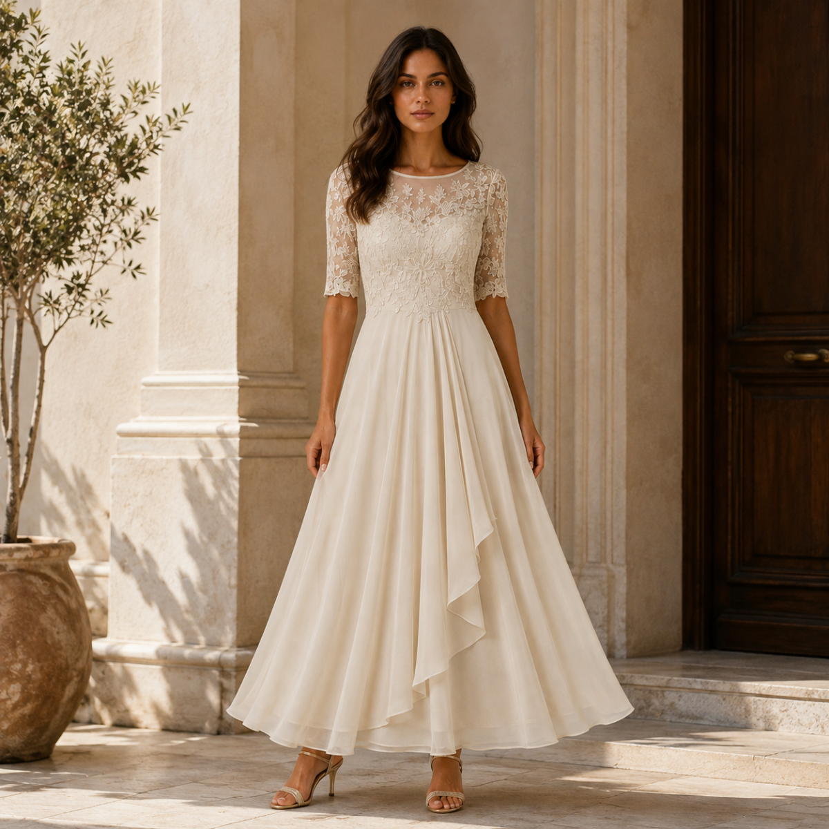 Midi Lace Dress with Sheer Elbow Sleeves
