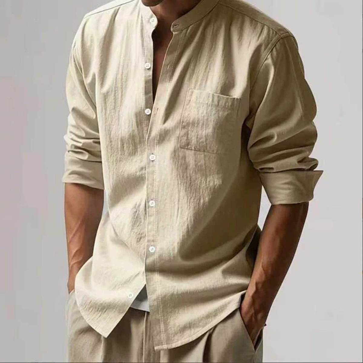 The Manly Men’s Casual Button Up Linen Long Sleeve Shirt with Pocket
