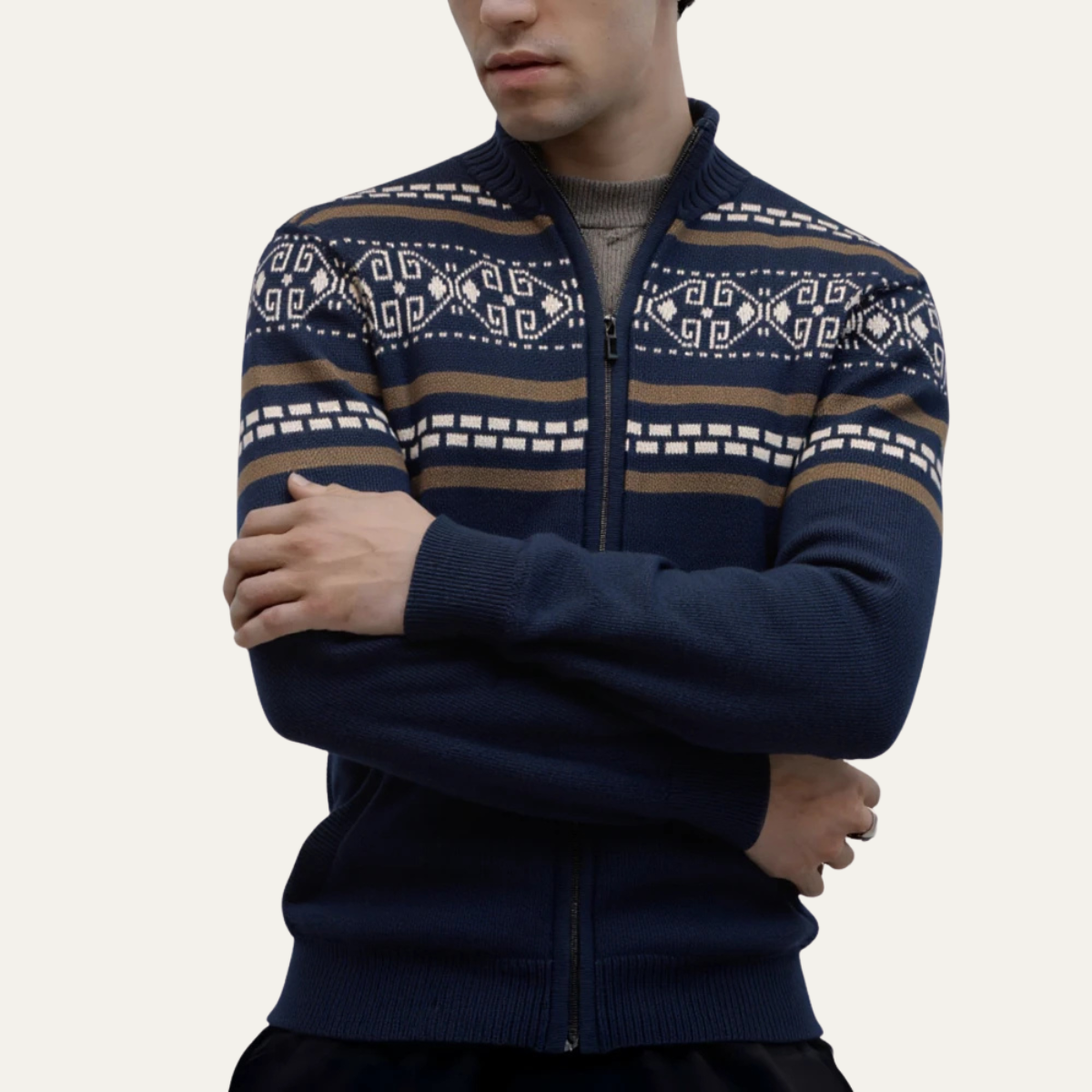 The Chepstow Men's Patterned Knit Zip Up Cotton Winter Cardigan