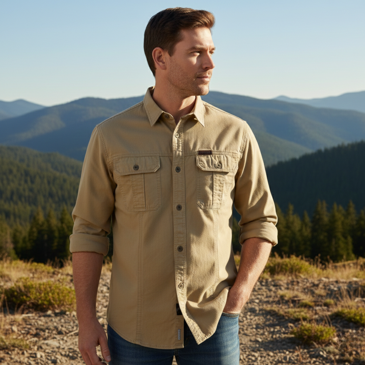 The Ashton Ridge Men’s Solid Color Multi Pocket Cotton Cargo Shirt