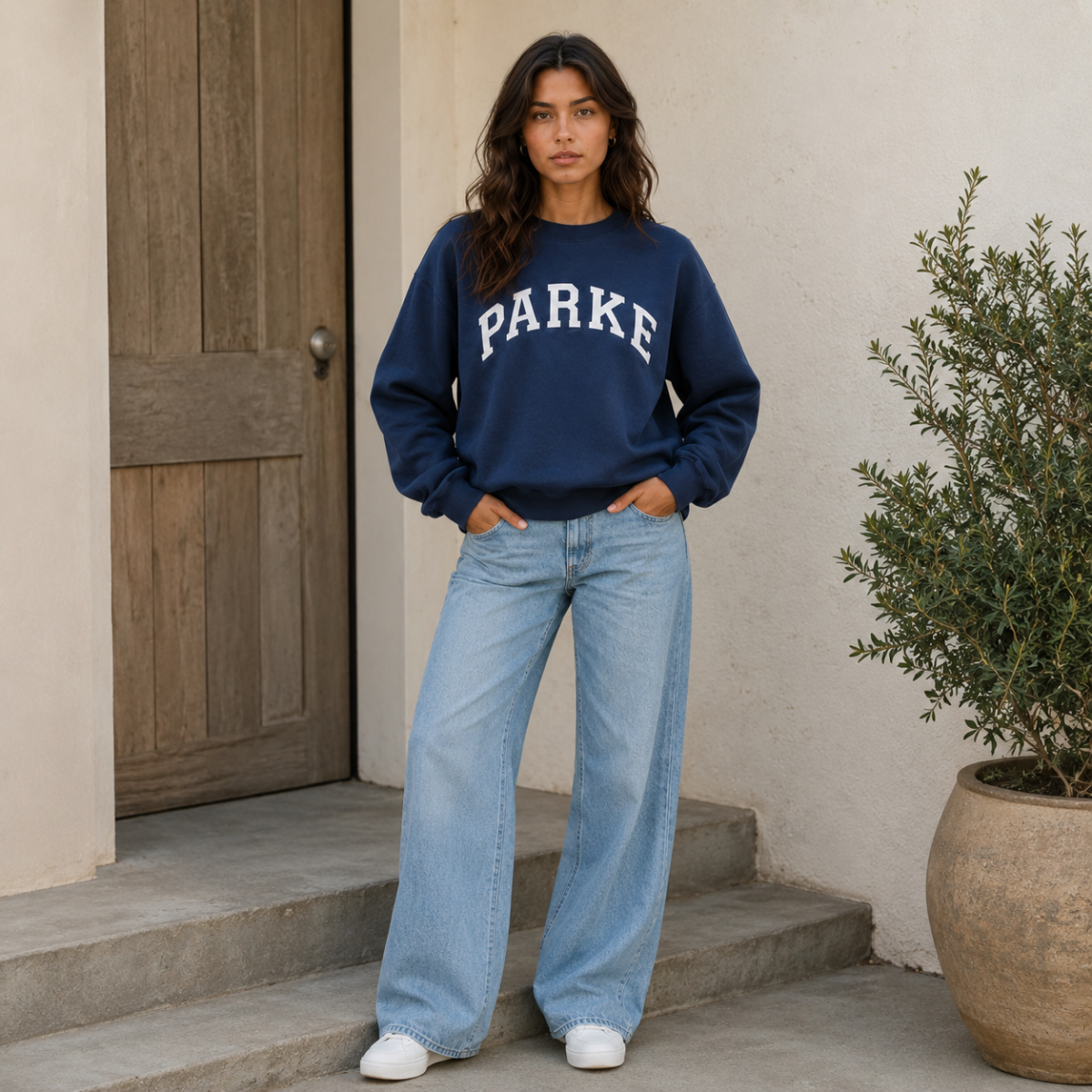 Varsity Sweatshirt with Embroidered Letters - Navy Blue