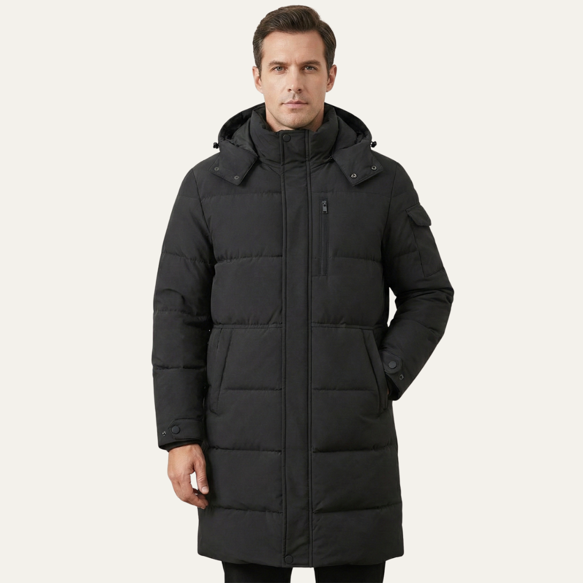 The Woking Men’s Thermal Longline Black Puffer Coat with Hood
