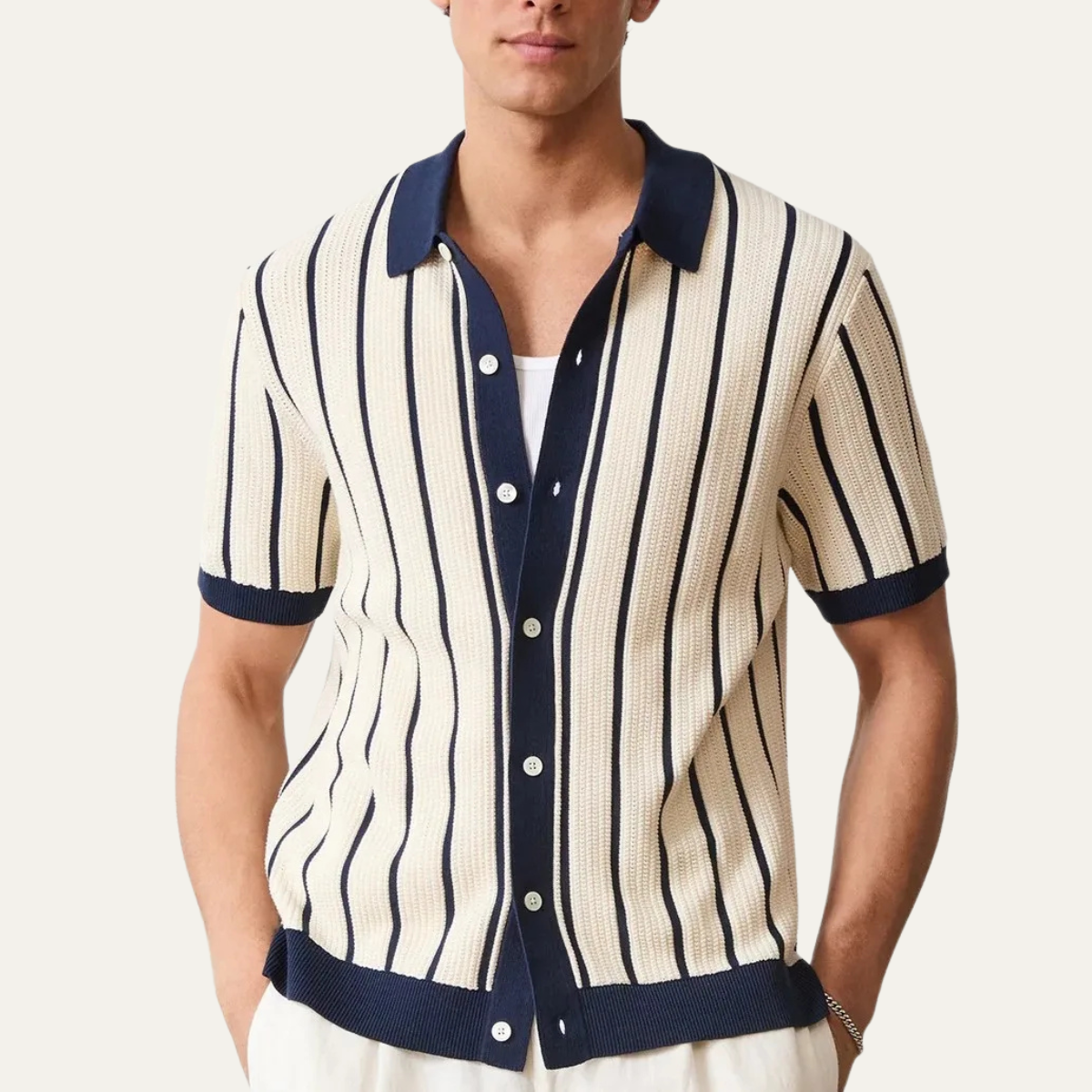 The Sassicaia Men’s Striped Knit Button-Up Cardigan Polo Shirt