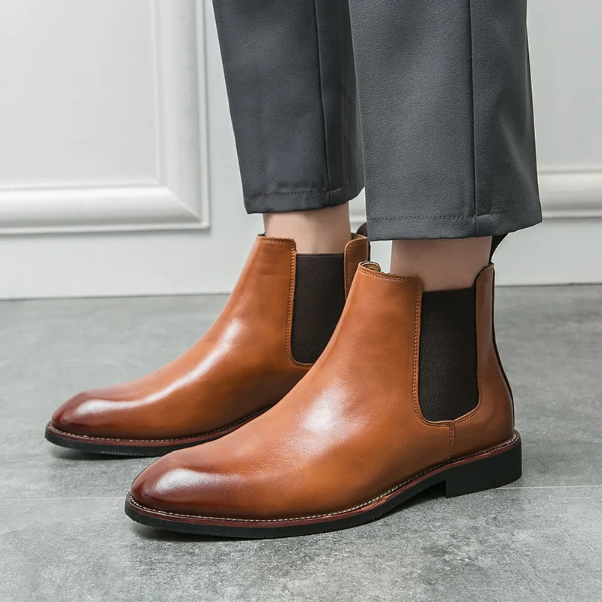 The Lausanne Men’s Classic Leather Chelsea Boots with Rubber Sole – Brown