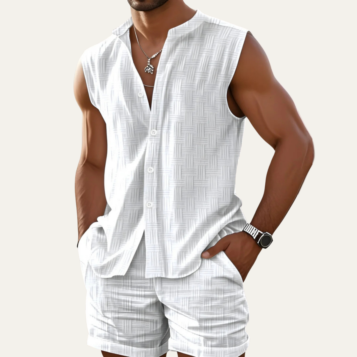 The Ironbridge Men’s Summer Sleeveless Button Up Shirt & Shorts Set