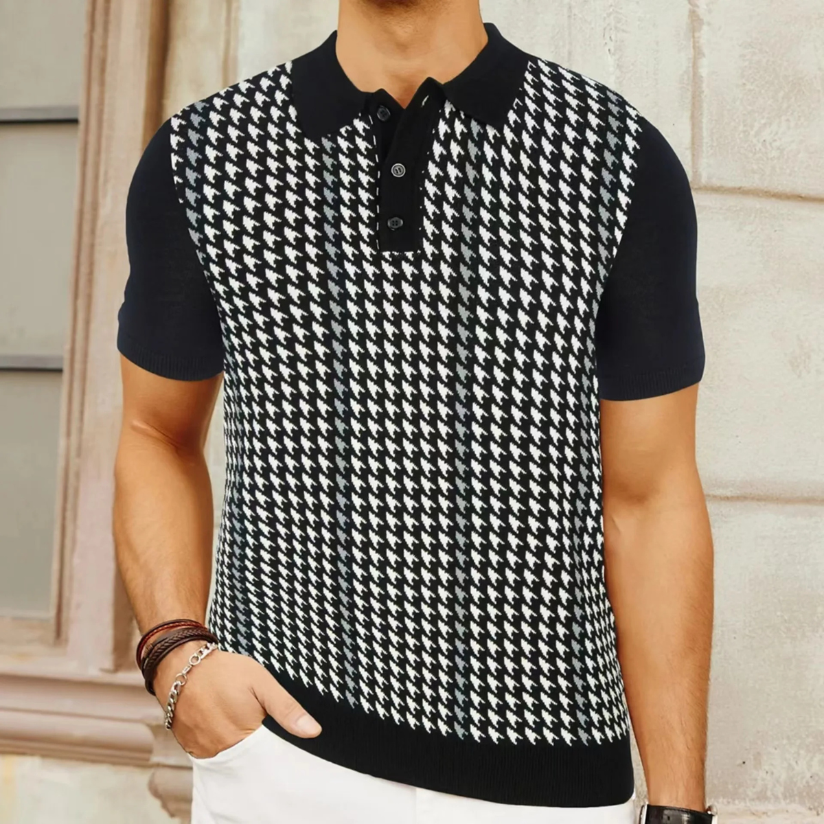 The Amarone Men’s Contrast Pattern Knit Polo Shirt