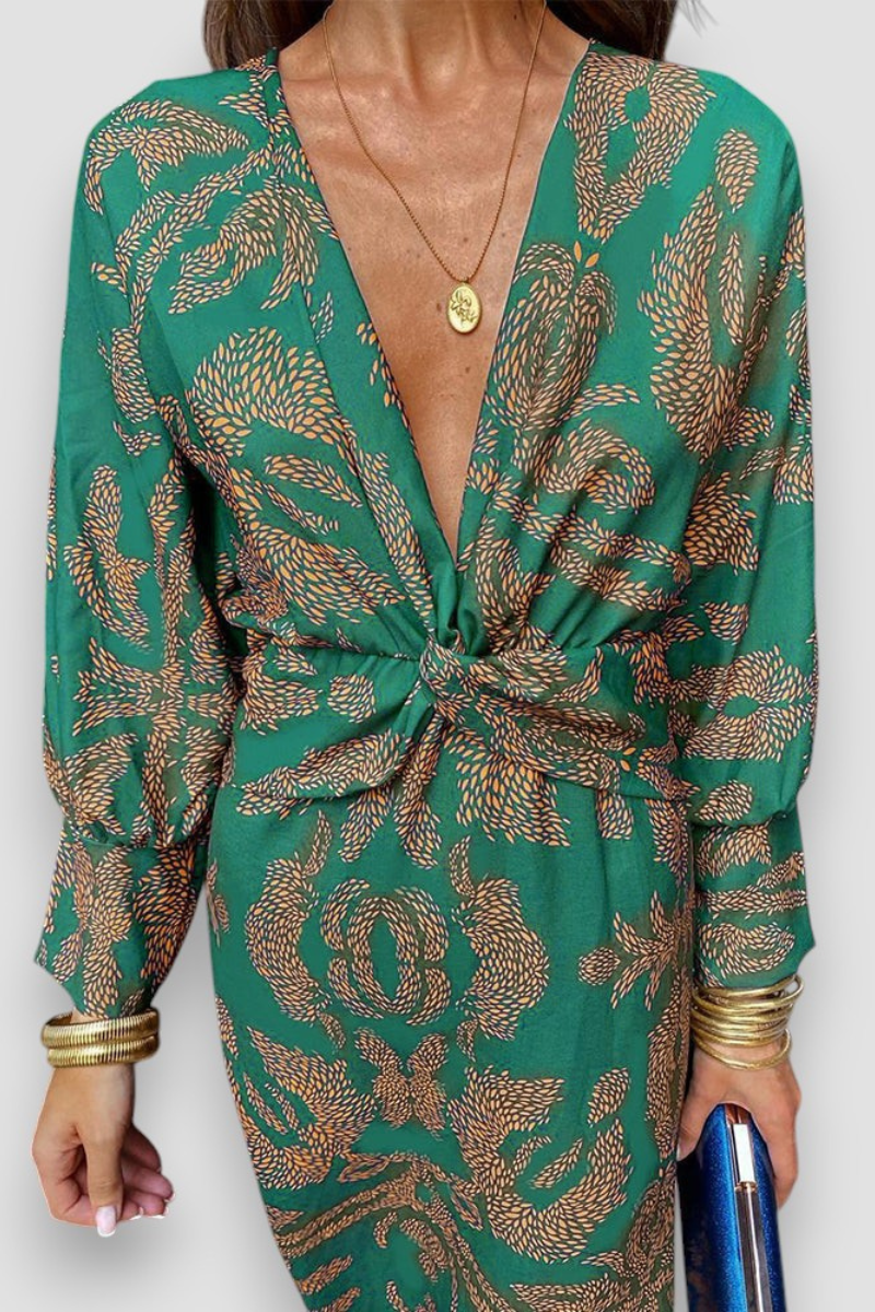 Women's Floral Midi Dress with Twist Waist