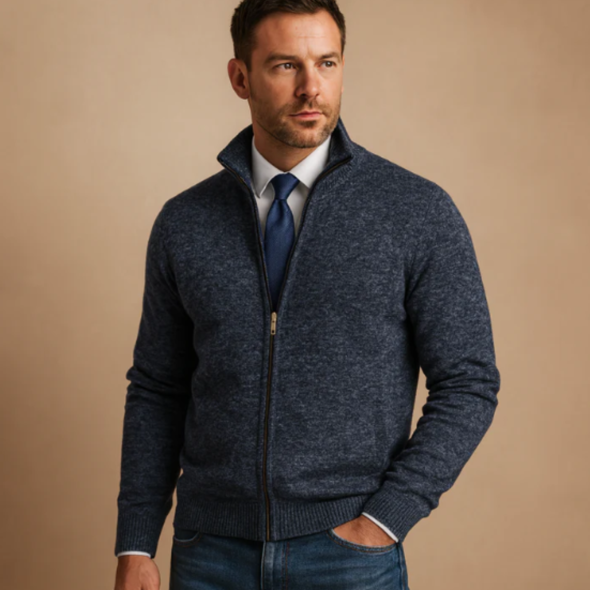 The Glenwood Men’s Classic Knitted Zip Cardigan with Stand Collar
