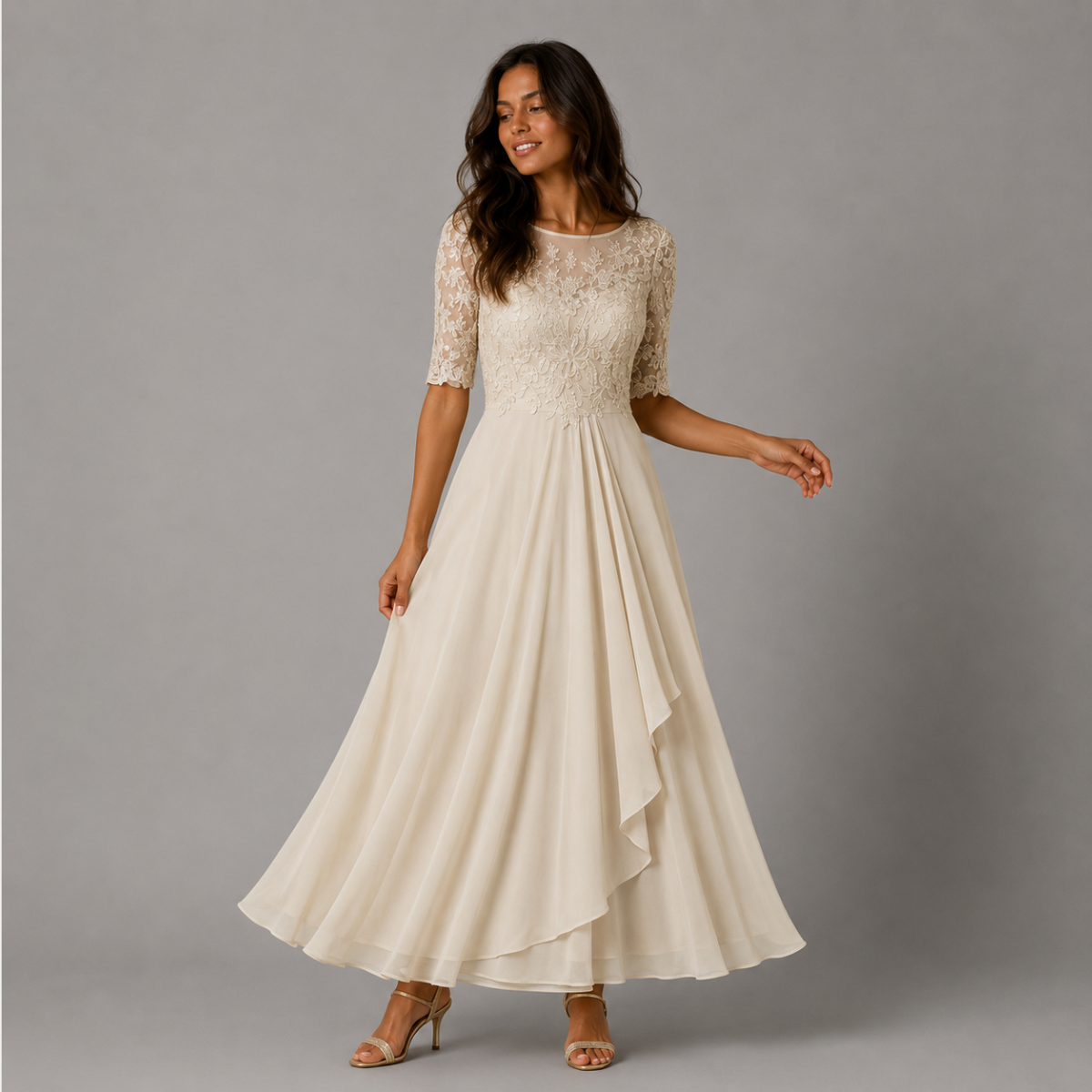Midi Lace Dress with Sheer Elbow Sleeves