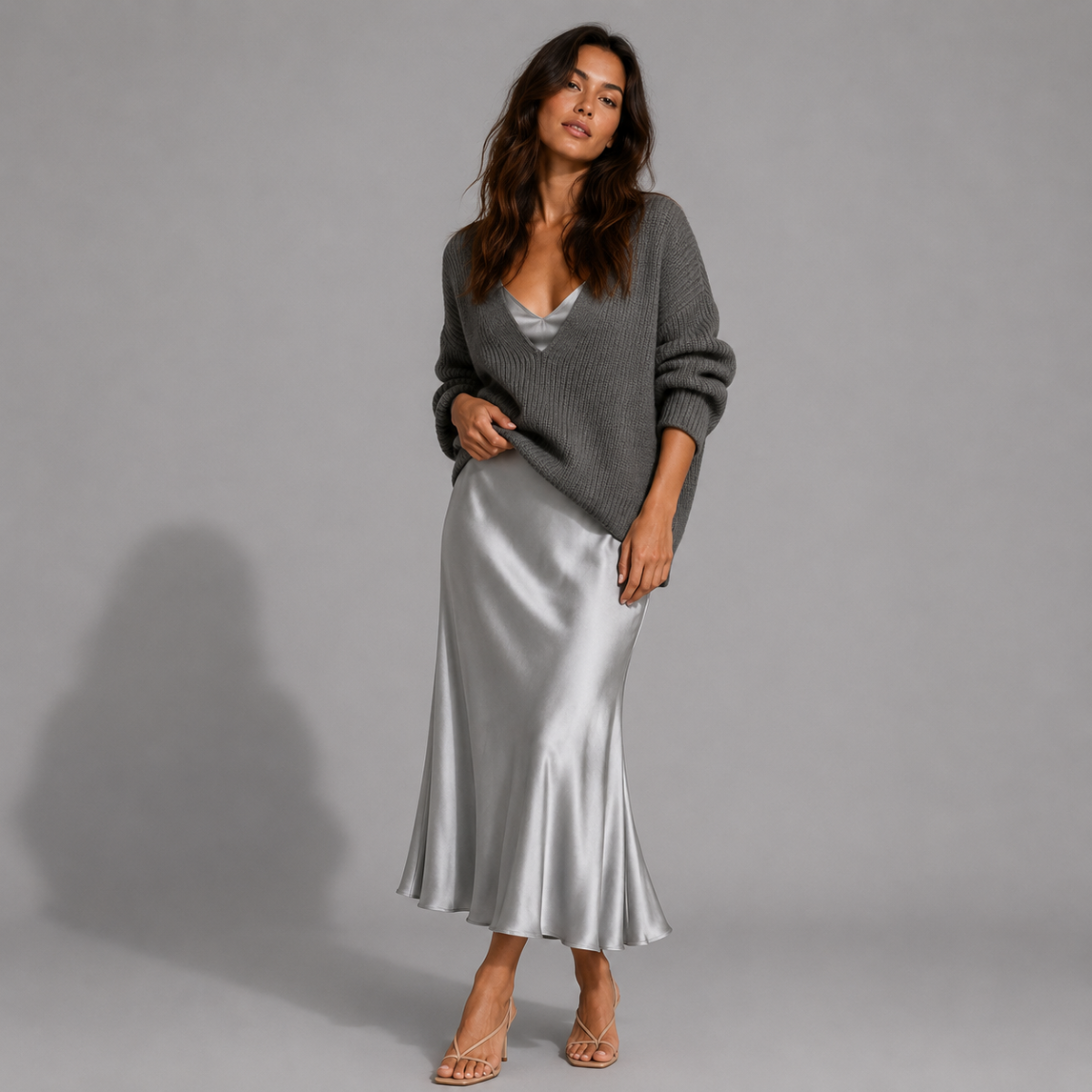 Premium Sweater & Satin Maxi Skirt Set