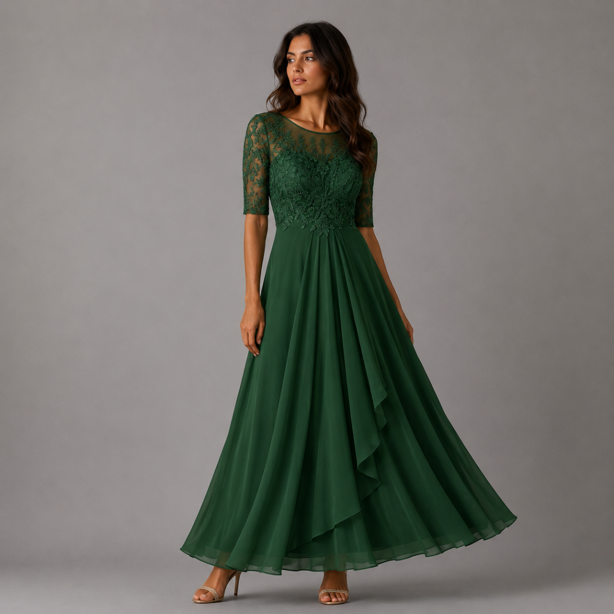 Midi Lace Dress with Sheer Elbow Sleeves
