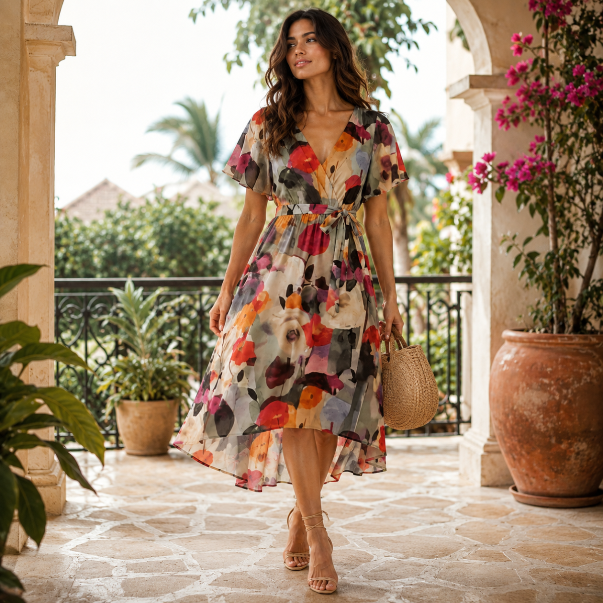 Floral V Neck Midi Dress