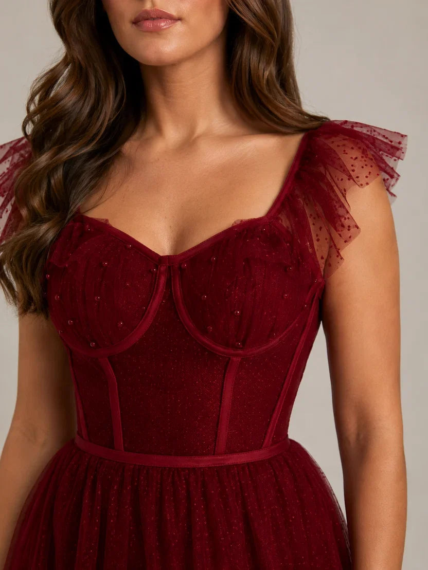 Women's Corset Maxi Party Dress with Tulle Ruffle Sleeves