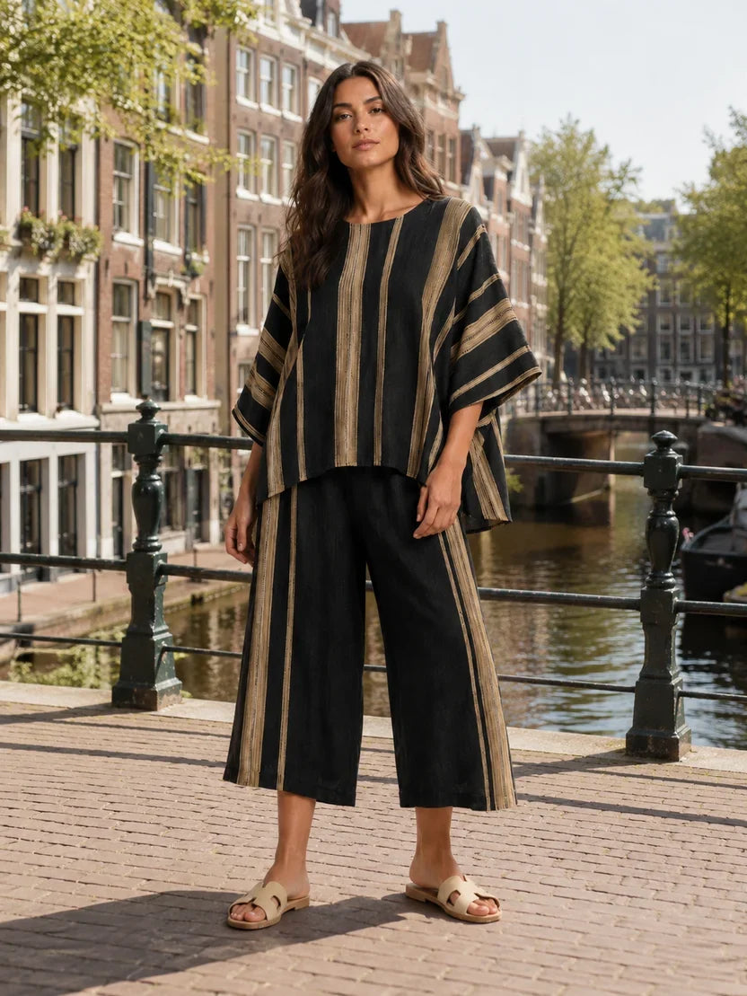 Women's Striped Asymmetrical Top and Wide Leg Culottes Set