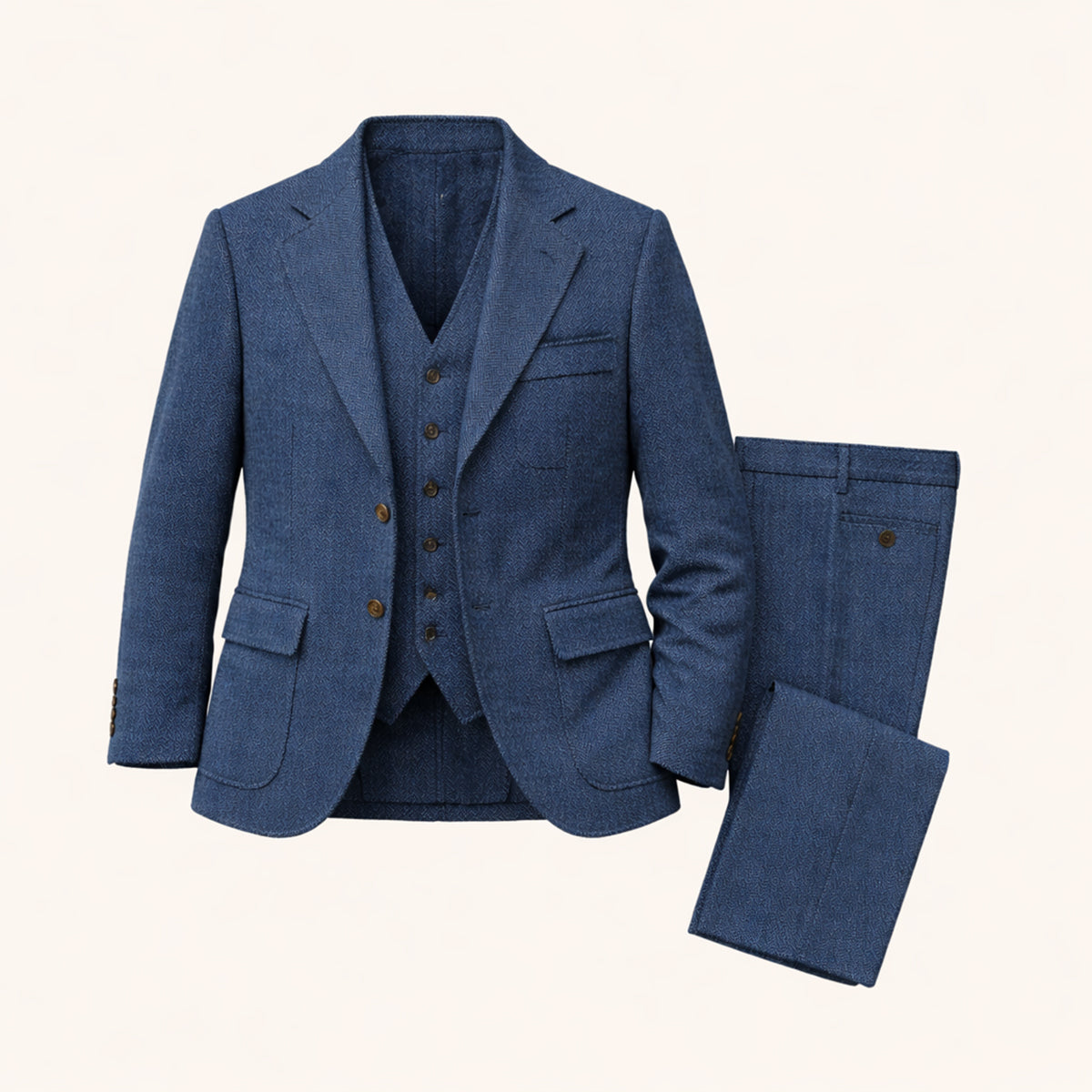 The Como Men’s Smart 3 Piece Tweed Suit – Herringbone Blazer, Waistcoat & Trousers