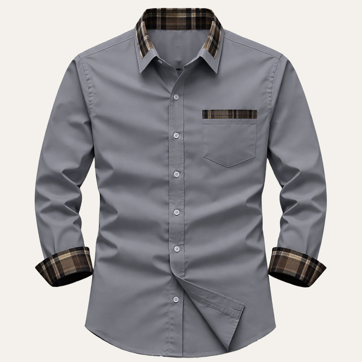 The Amelia Men’s Casual Button Up Dress with Plaid Collar & Cuffs