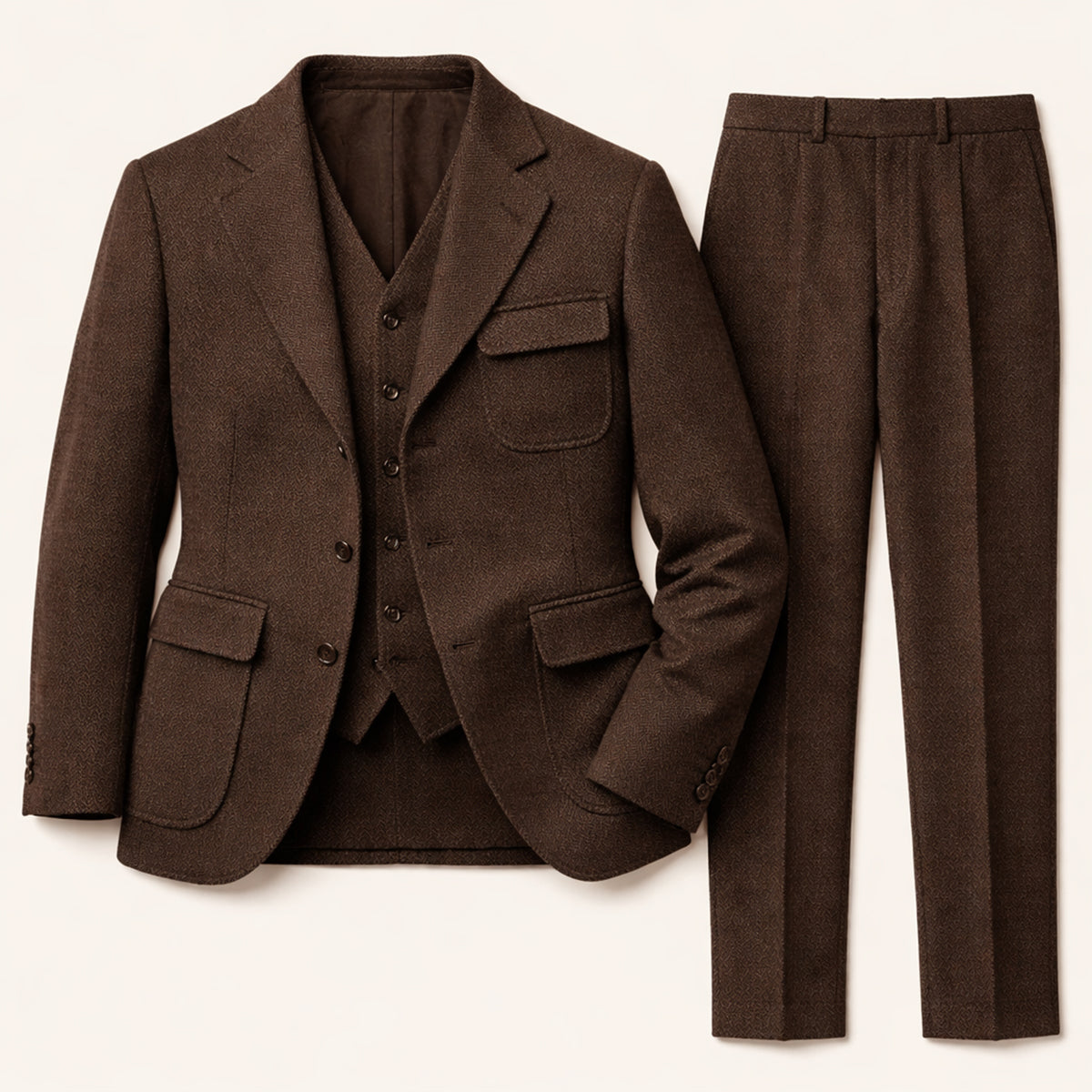 The Portofino Men’s Elegant 3 Piece Tweed Suit – Herringbone Blazer, Waistcoat & Trousers