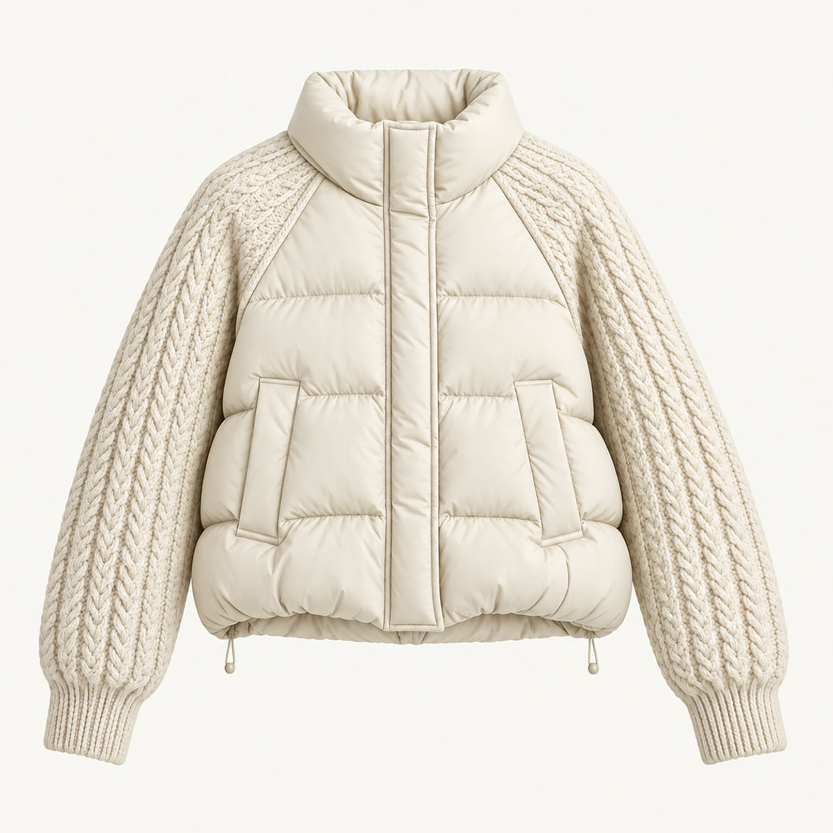 Women's Puffer Jacket with Cable Knit Sleeves