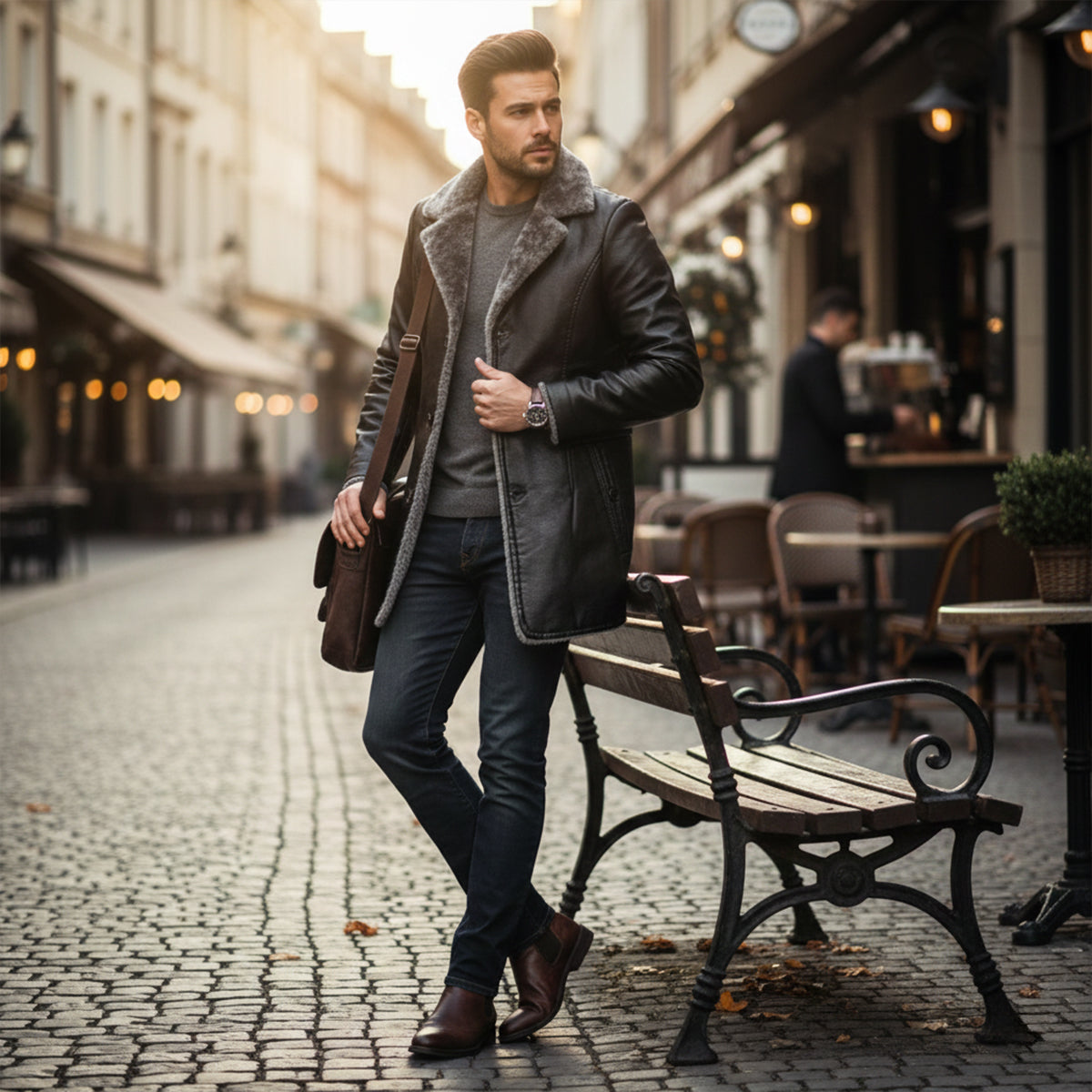 The Montefalco Men’s Button-Up Fur Lined Long Leather Winter Coat