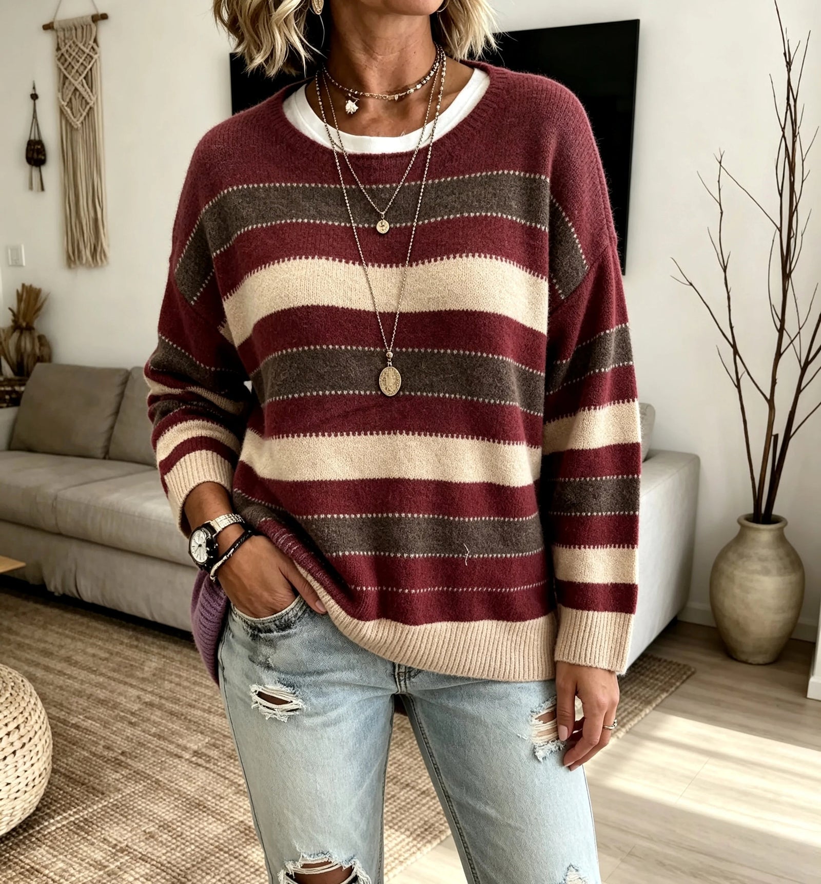 Women's Striped Crewneck Knit Sweater