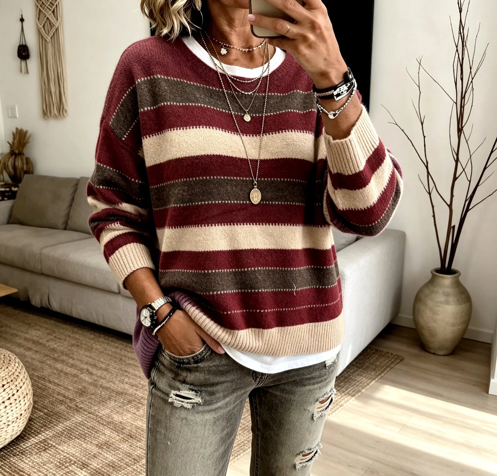 Women's Striped Crewneck Knit Sweater