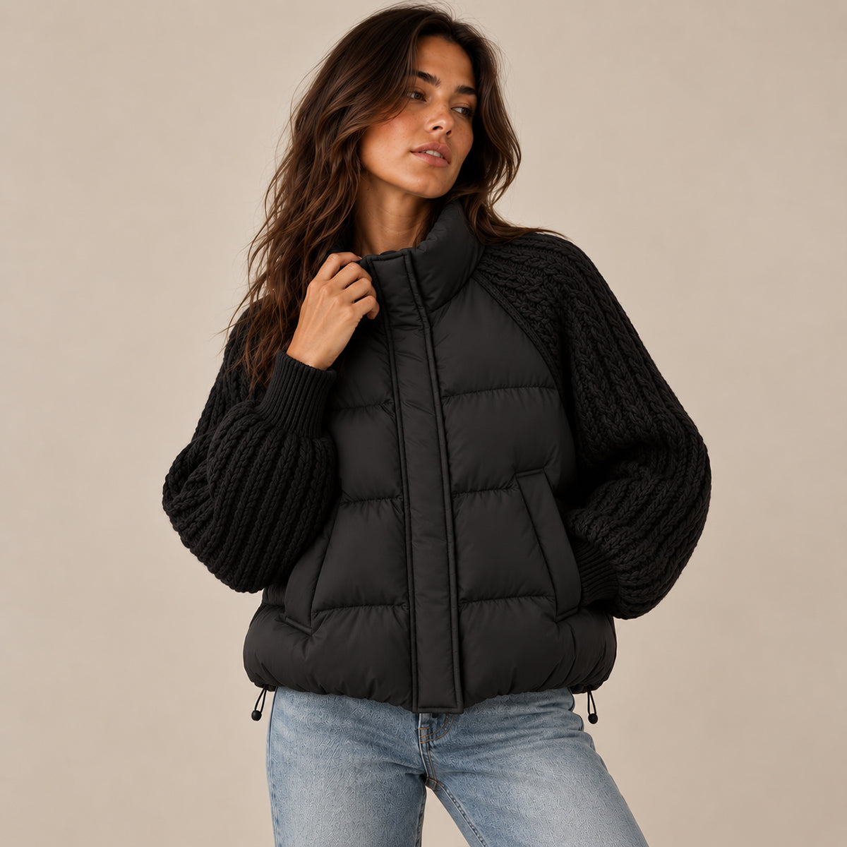 Women's Puffer Jacket with Cable Knit Sleeves