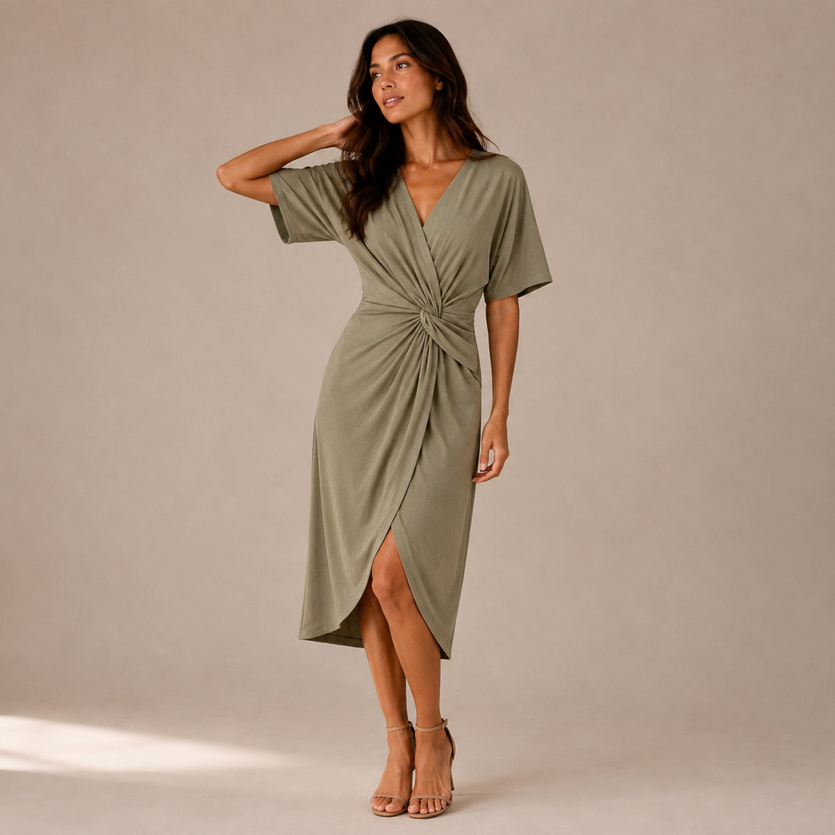Twist Front Midi Dress - Elegant Wrap Silhouette