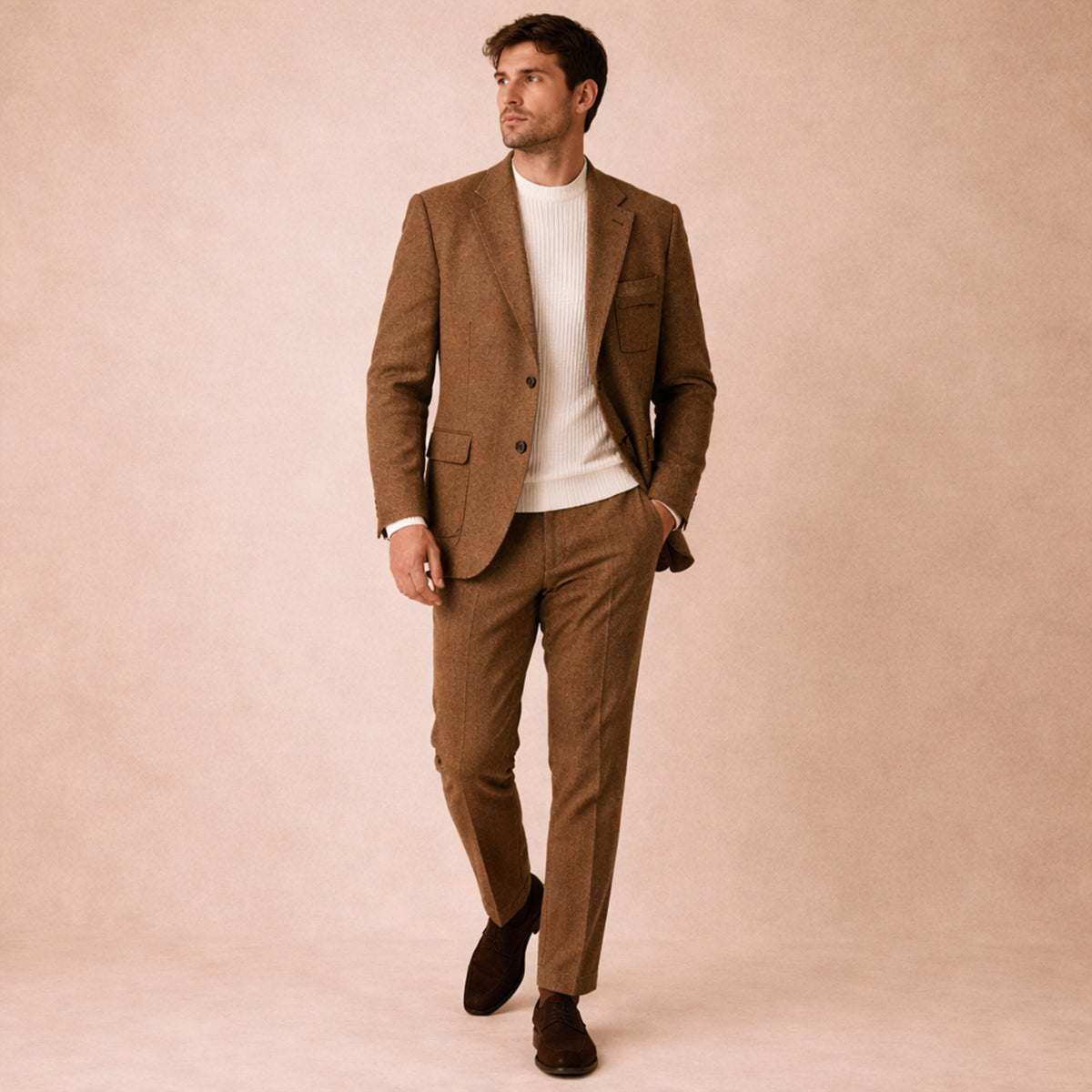 The Como Men’s Smart 3 Piece Tweed Suit – Herringbone Blazer, Waistcoat & Trousers