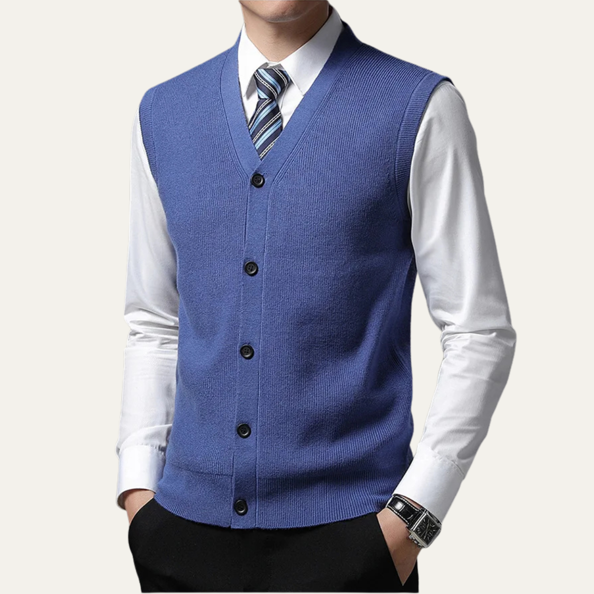 Men's Sweater Vest Blue Button Up V Neck