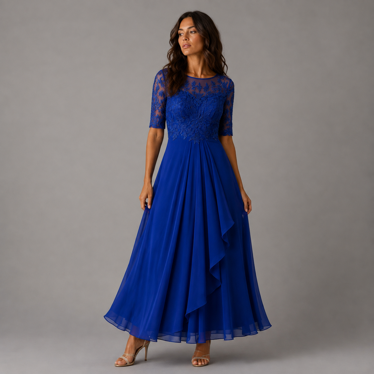 Midi Lace Dress with Sheer Elbow Sleeves