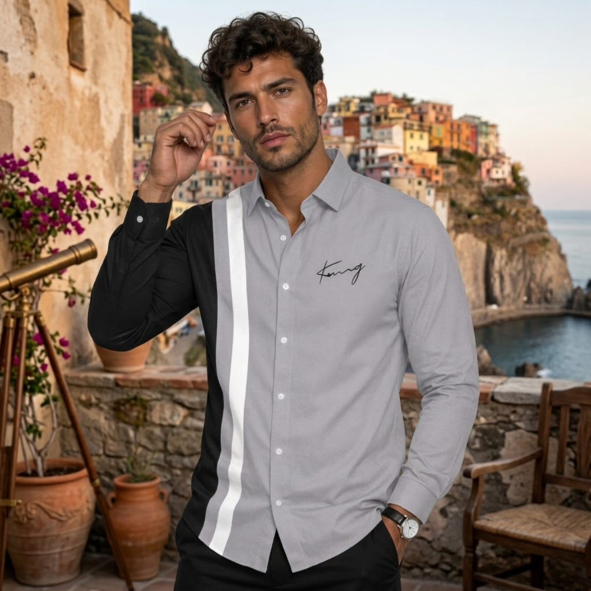The Manarola Men’s Casual Color Block Striped Dress Shirt
