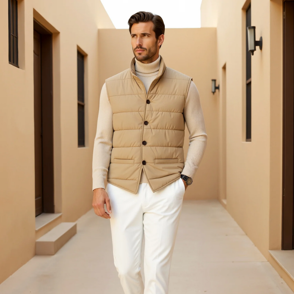 The Beaumont Men’s Beige Quilted Vest – Slim Fit Padded Luxury Vest