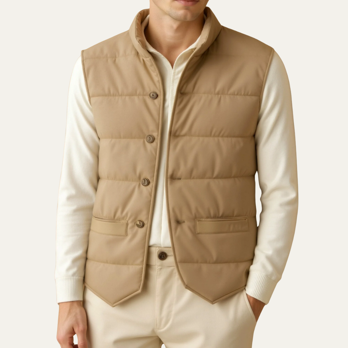 The Beaumont Men’s Beige Quilted Vest – Slim Fit Padded Luxury Vest