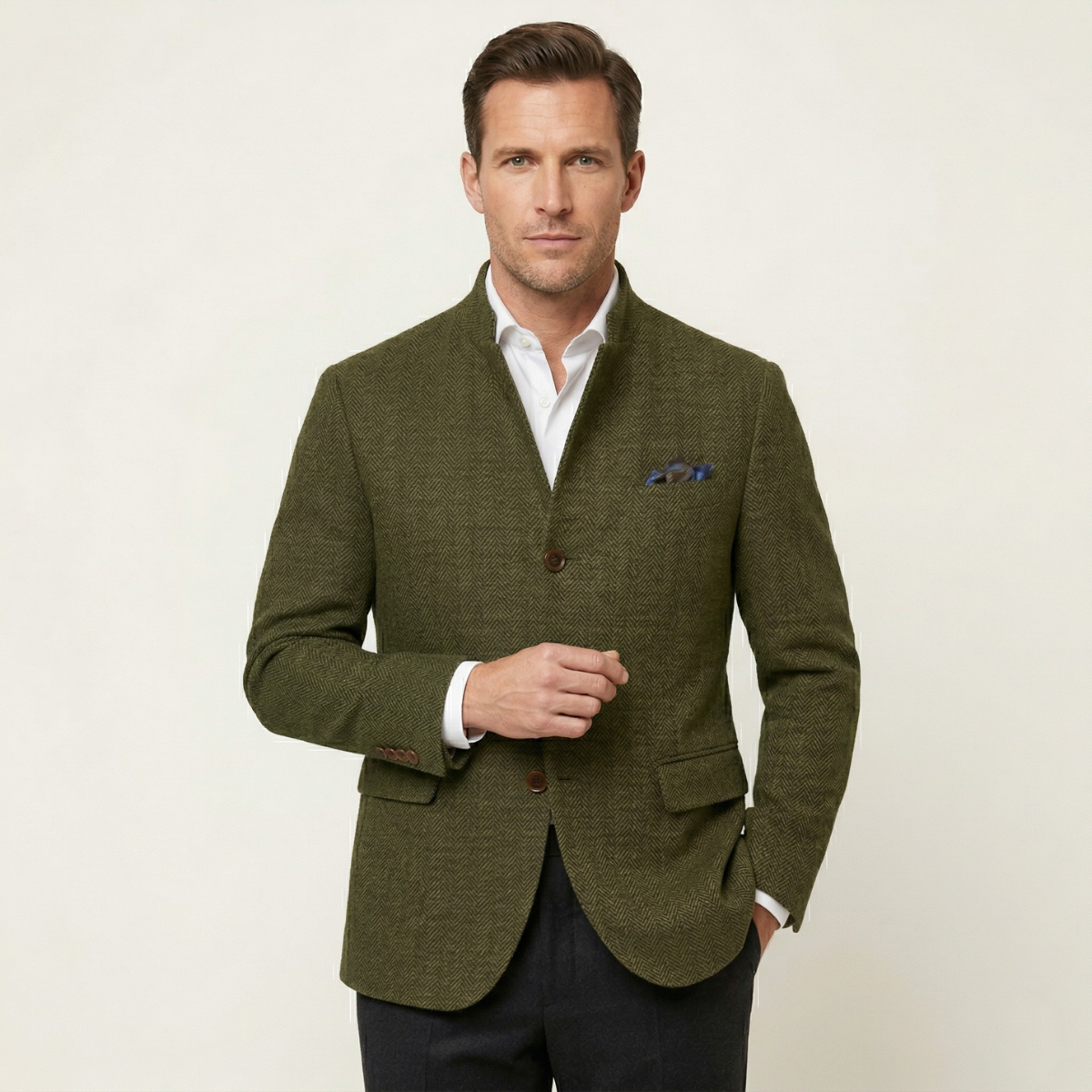 Men's Herringbone Wool Blazer Olive Green