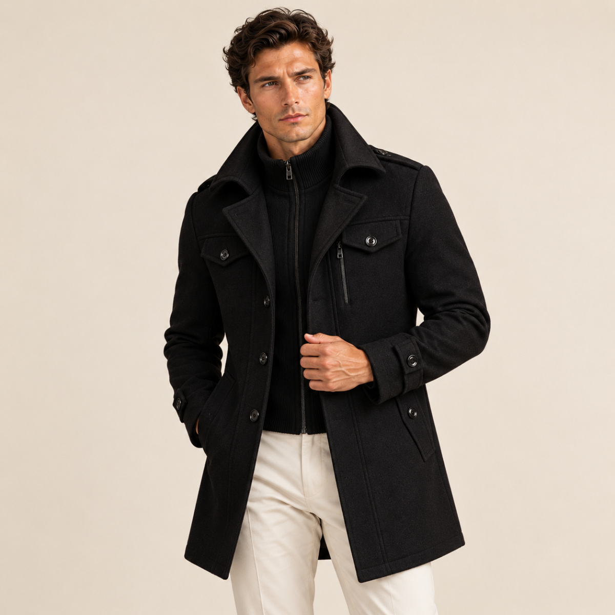 Men's Wool Blend Pea Coat Black