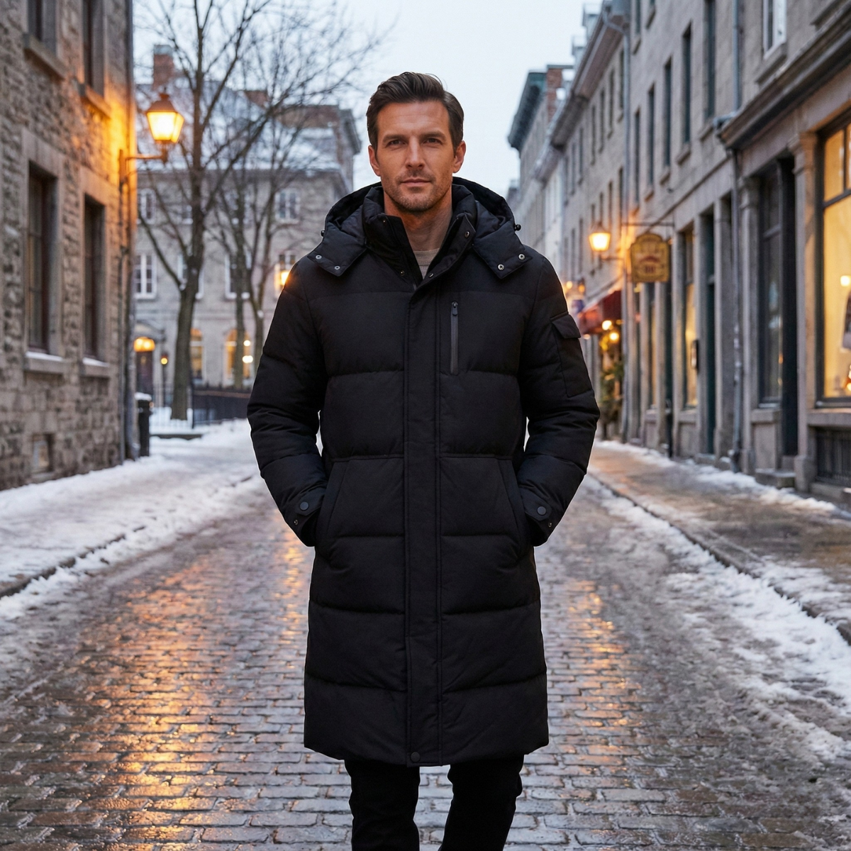 The Woking Men’s Thermal Longline Black Puffer Coat with Hood