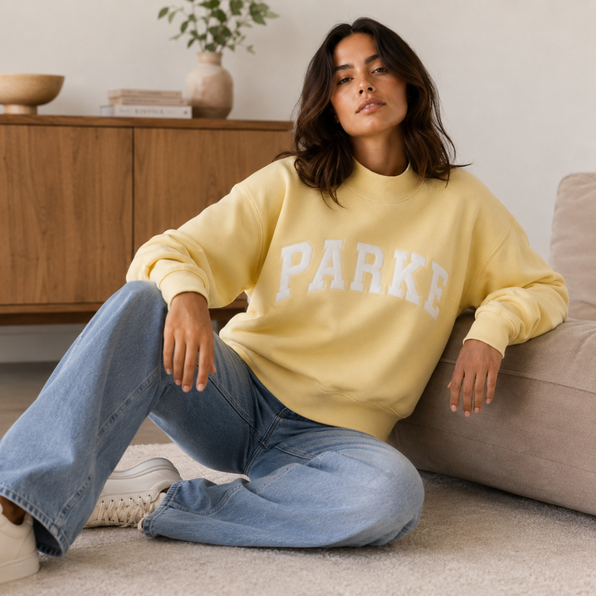 Varsity Sweatshirt with Embroidered Letters - Yellow