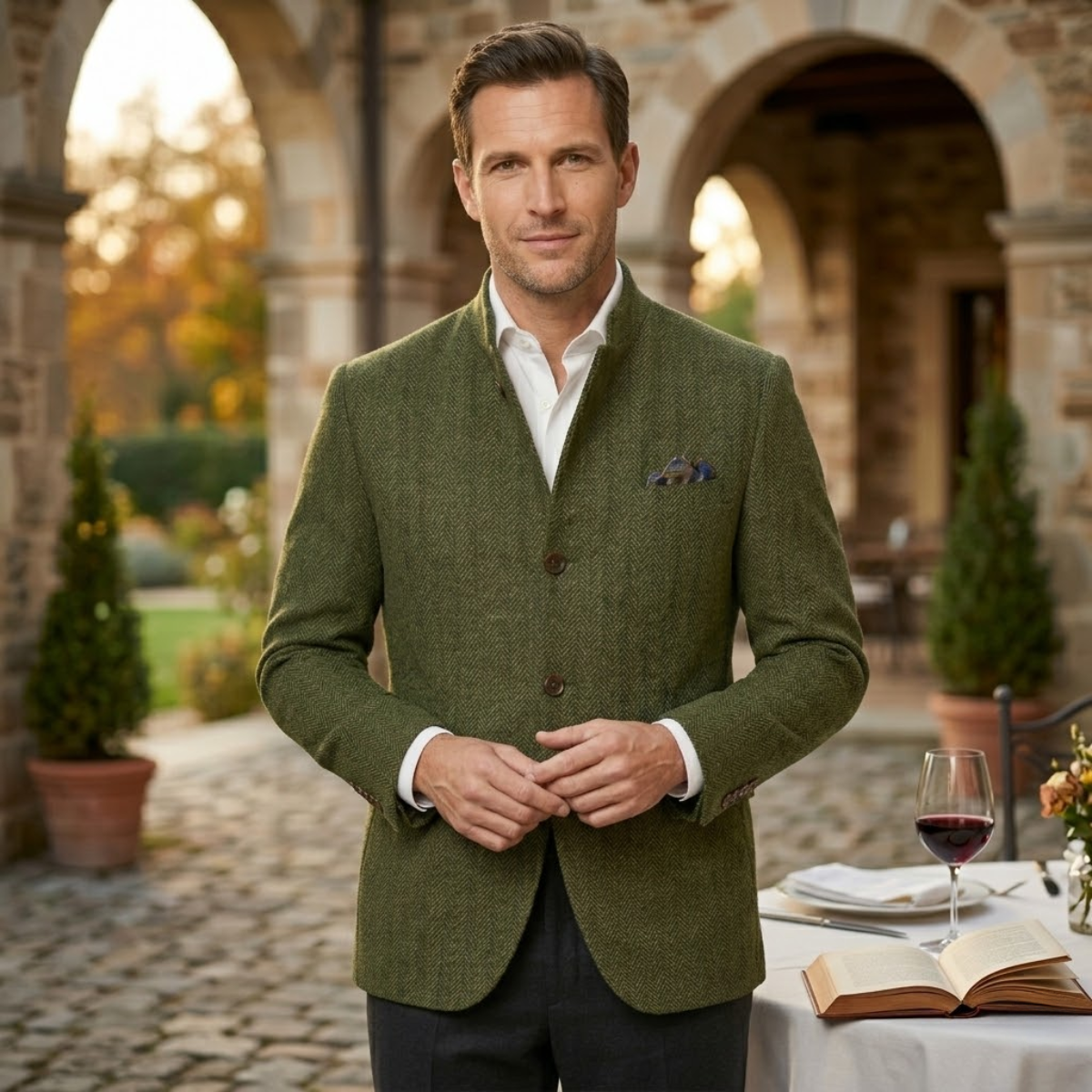 Men's Herringbone Wool Blazer Olive Green