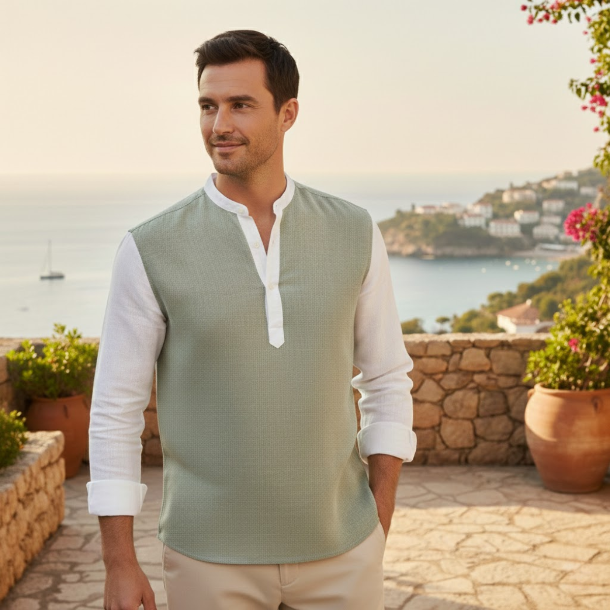 The Avignon Men’s Linen Blend Deep V Neck Lightweight Shirt