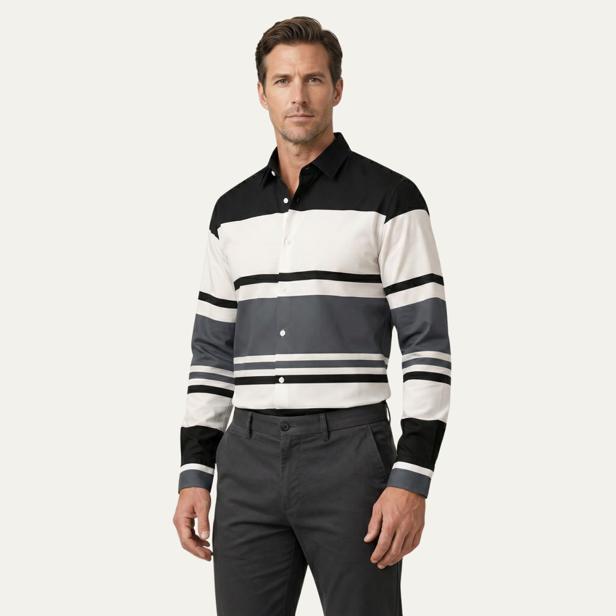 The Glenpark Men’s Modern Color Block Striped Trendy Shirt