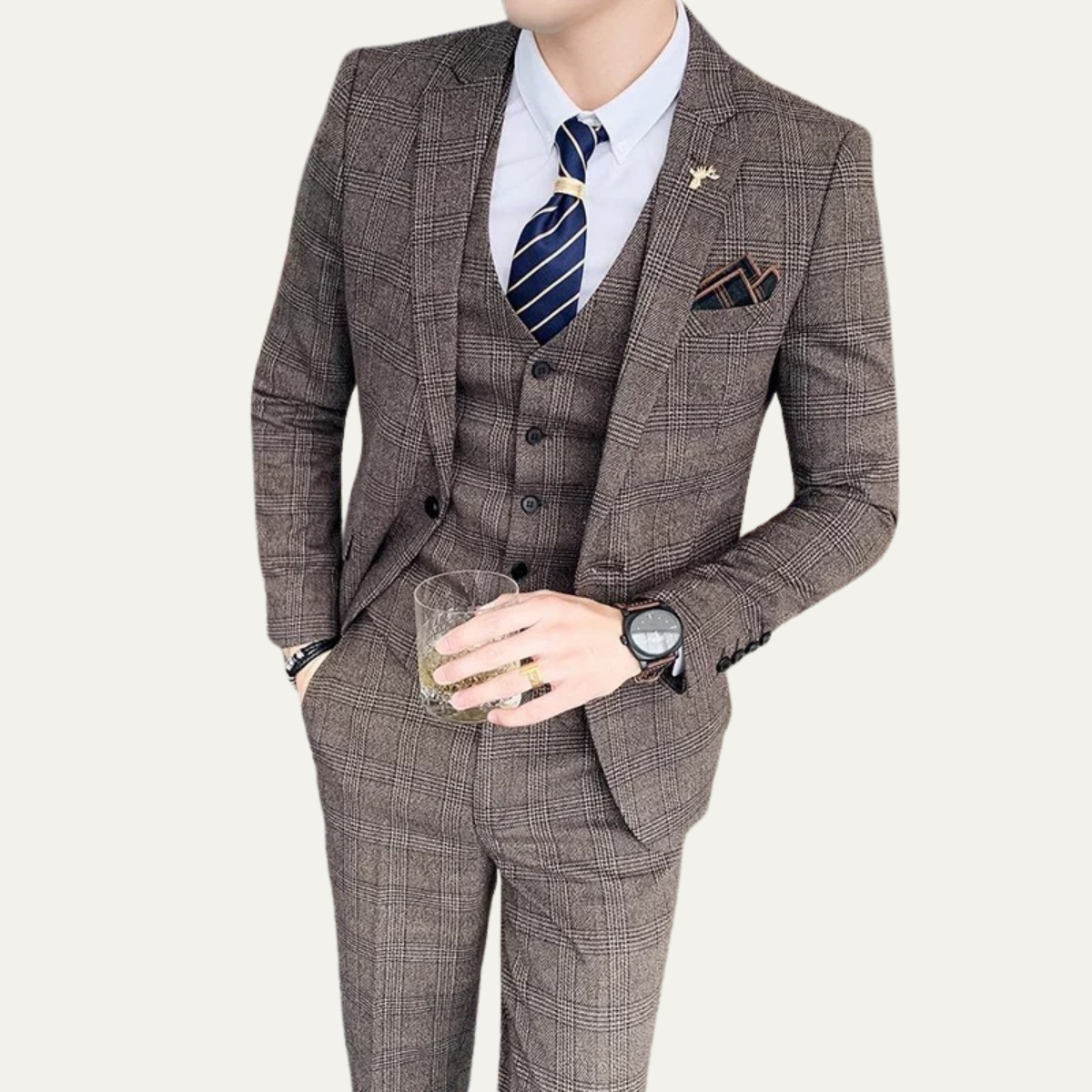 The Vigevano Men’s Plaid 3 Piece Suit – Blazer Vest and Pants Formal Set