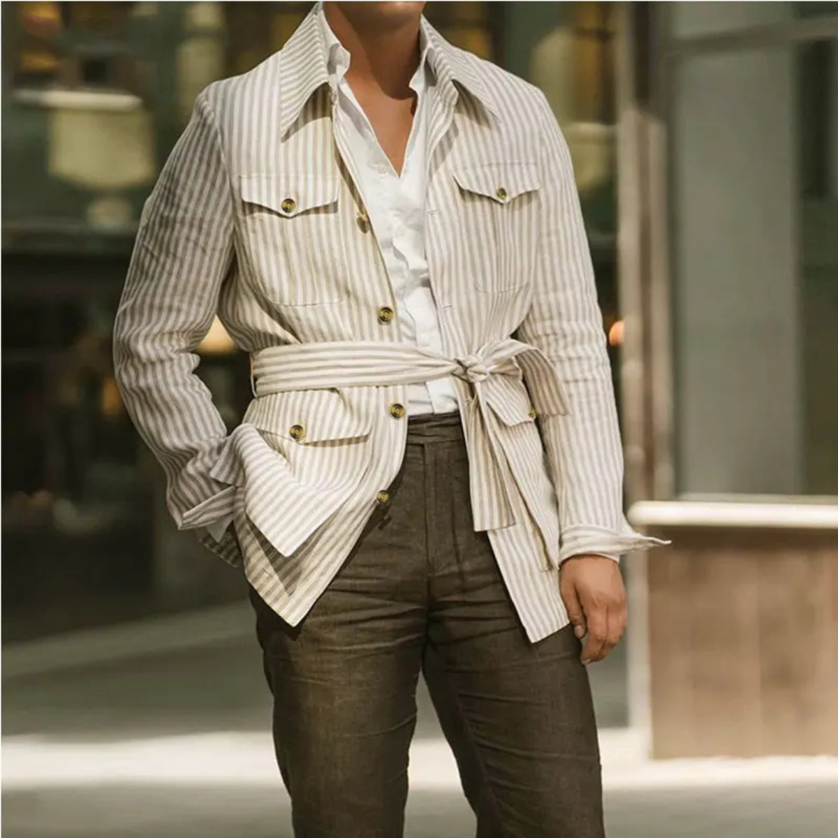 The Bramblewood Men’s Streetwear Striped Button Down Shirt with Pockets