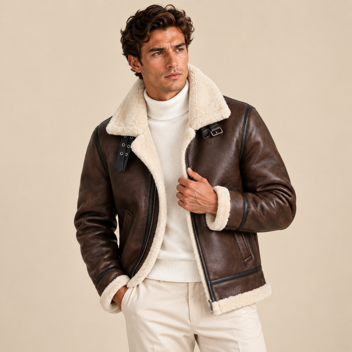 Men's Sherpa Lined Leather Jacket Black Cream Collar