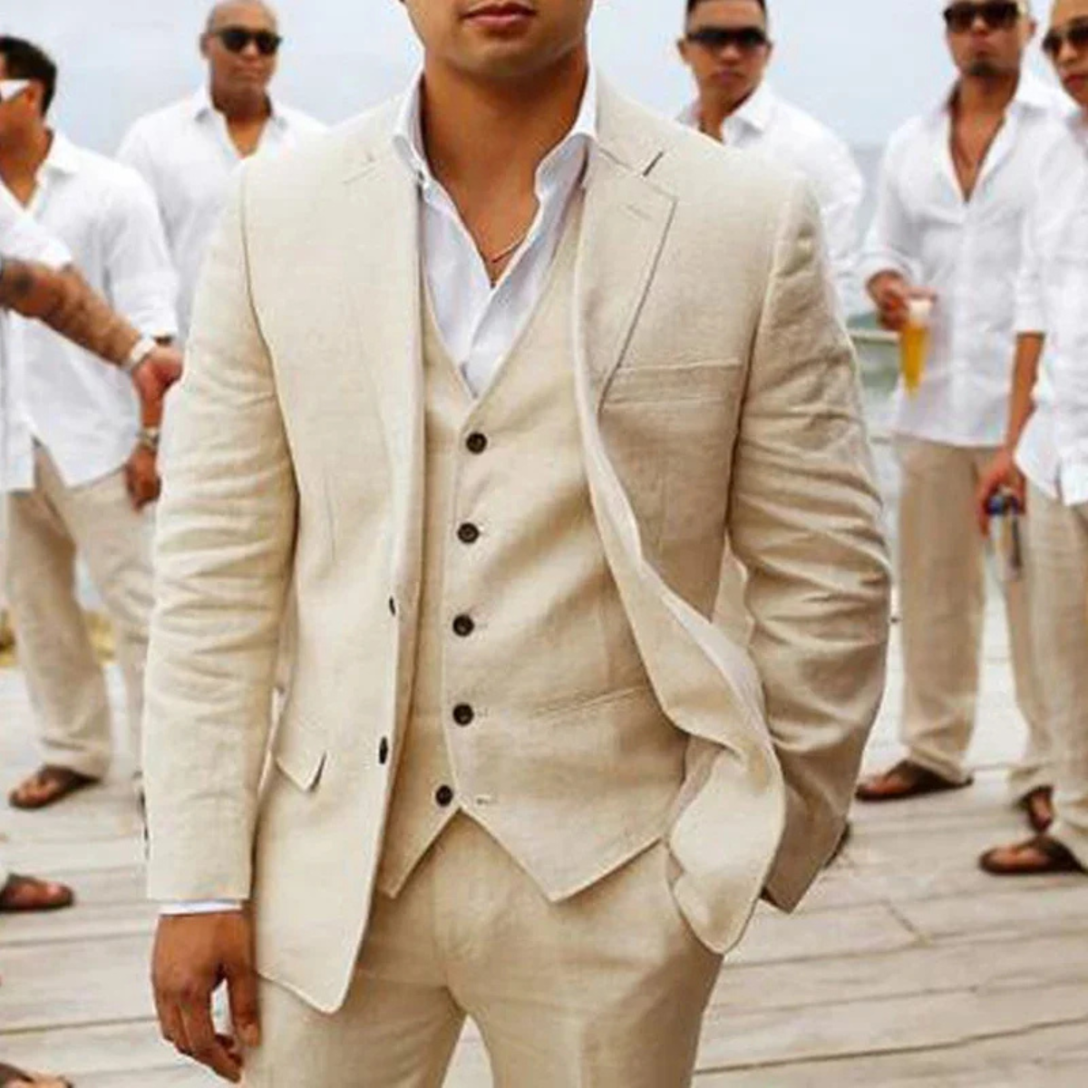 The Tropea Men’s Beige Linen 3 Piece Suit – Elegant Jacket Vest Pants