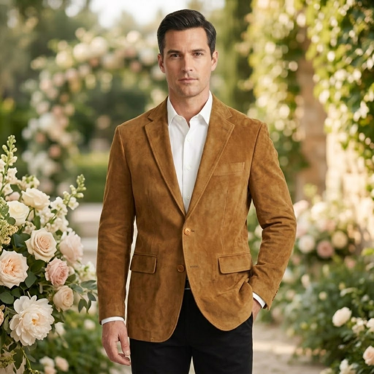 The Policoro Men’s Single Breasted Suede Blazer with Notched Lapel - Wedding Guest
