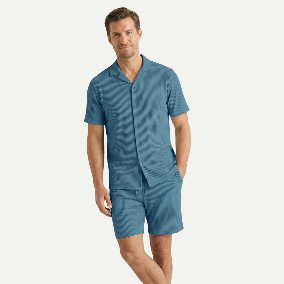 The Poschiavo Men’s Casual Summer Ribbed Set – Shirt & Shorts