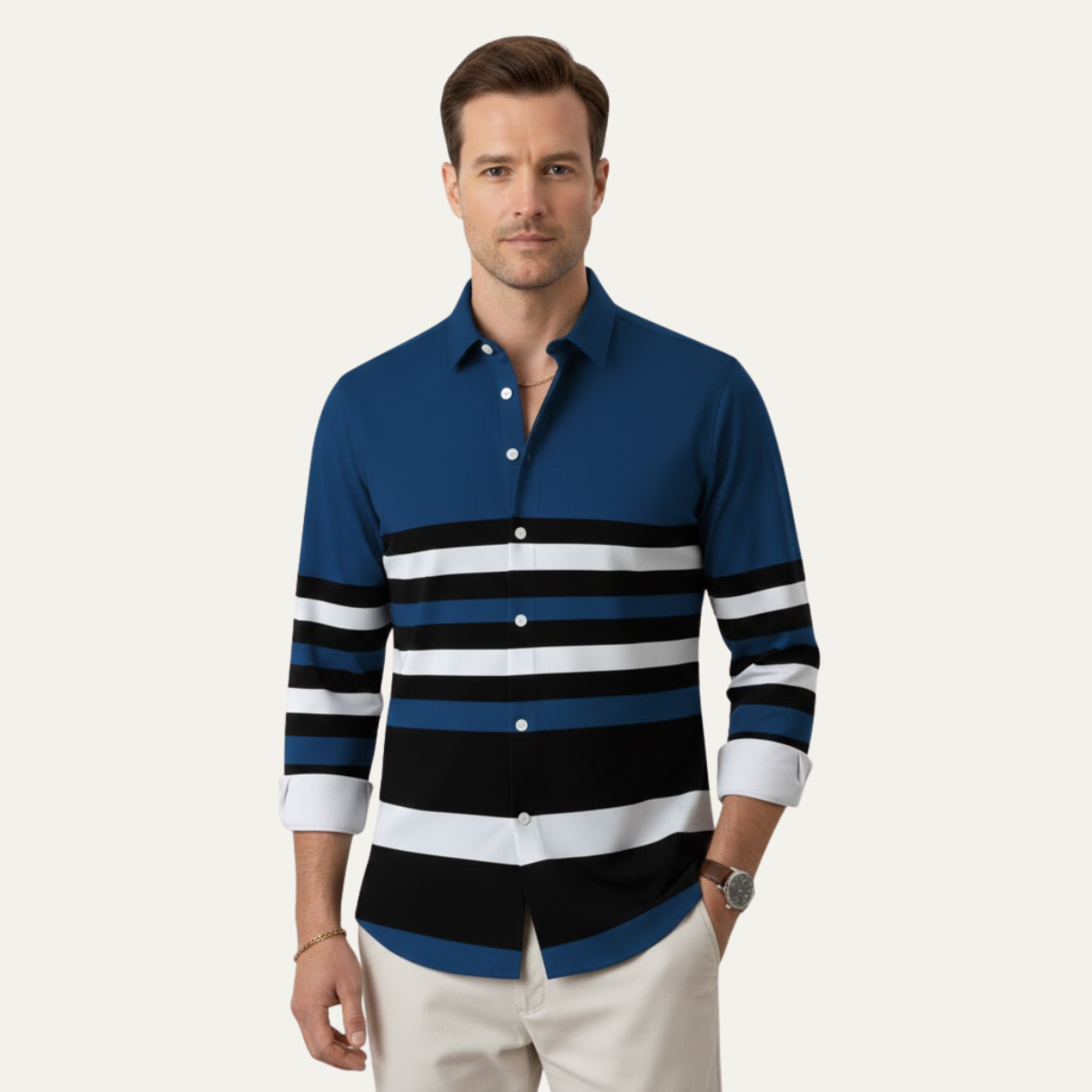 The Glenpark Men’s Modern Color Block Striped Trendy Shirt